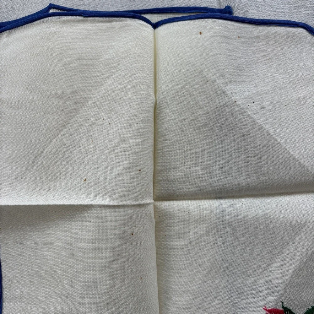 Vintage Embroidered Linen Tablecloth and Napkins Set Floral Blue Trim 5pc